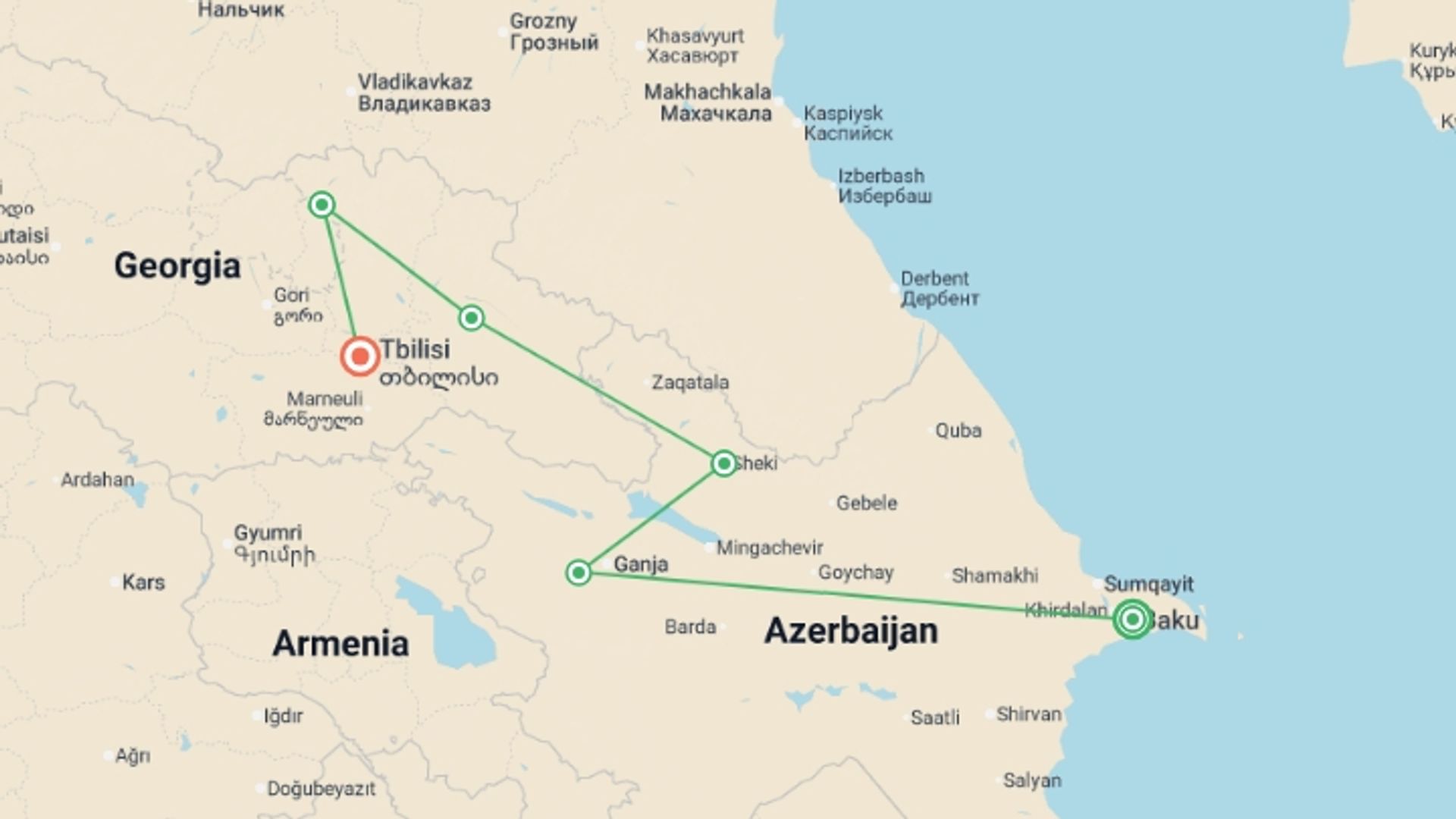 A map showing the tour itinerary for the trip: Highlights of Azerbaijan & Georgia, starting in Baku, Azerbaijan and ending in Tbilisi, Georgia going through 4 other destinations.