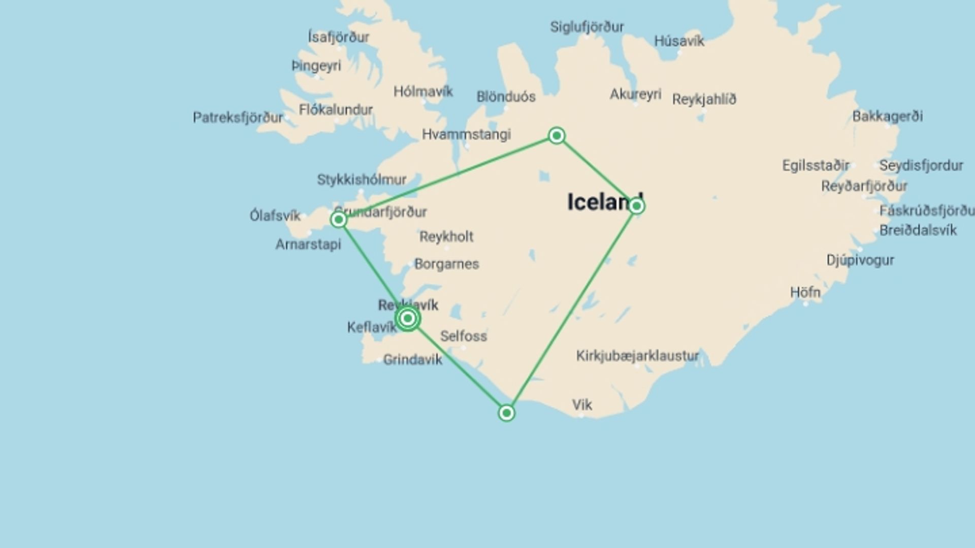 A map showing the tour itinerary for the trip: Iceland Circumnavigation (Ultramarine), starting in Reykjavik, Iceland and ending in Reykjavik, Iceland going through 5 other destinations.