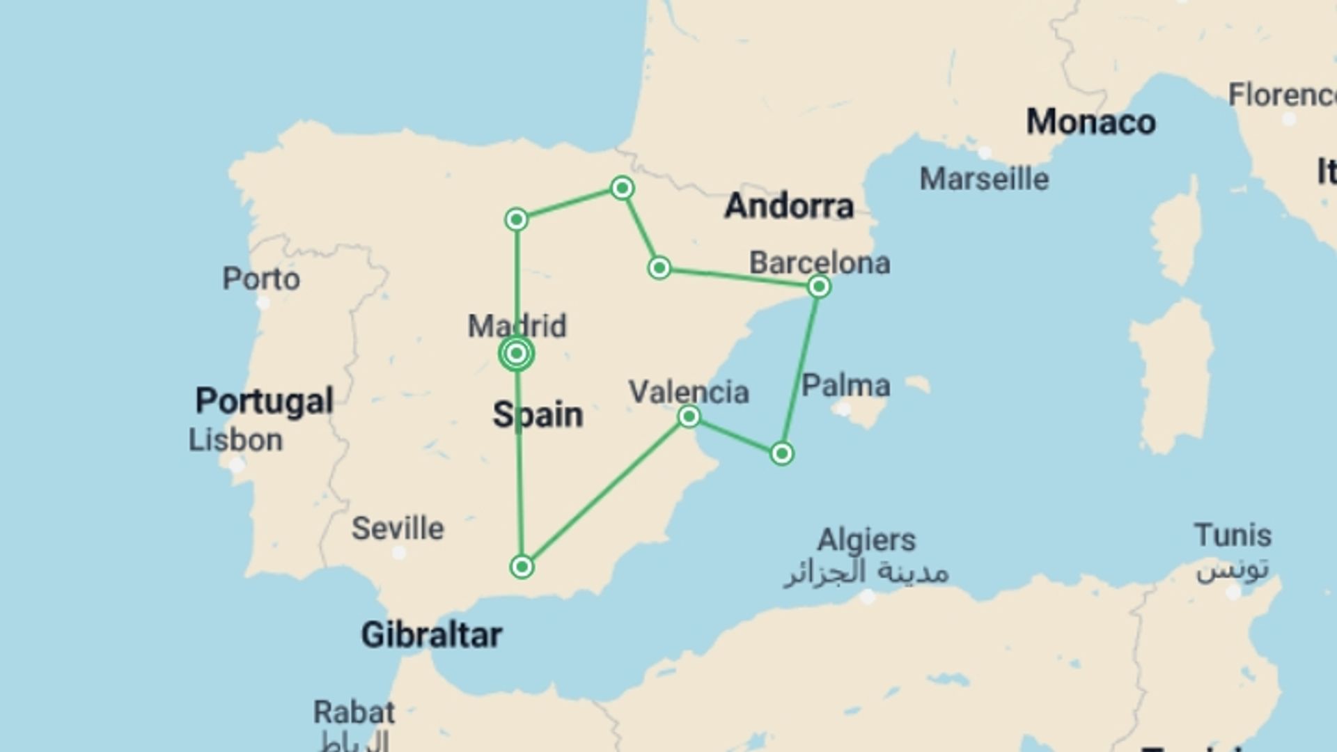 A map showing the tour itinerary for the trip: Best of Spain, starting in Madrid, Spain and ending in Madrid, Spain going through 1 other destinations.