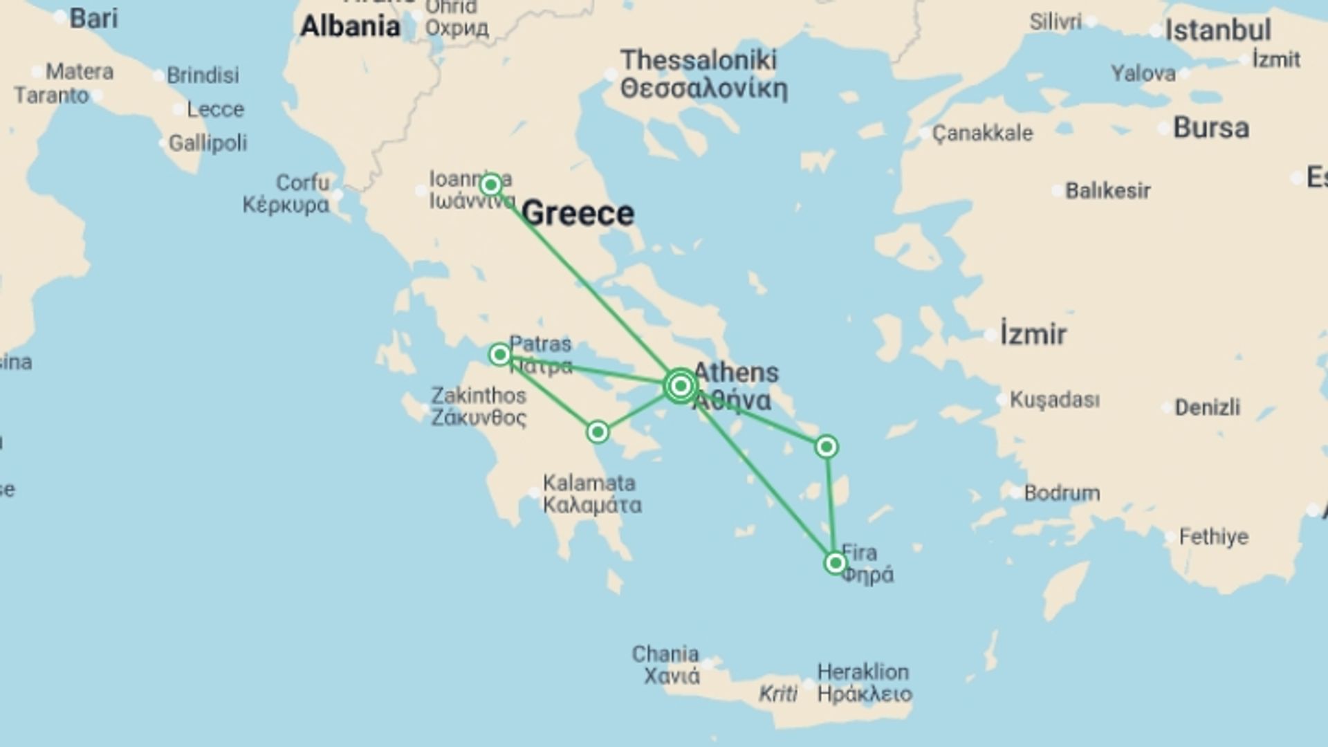 A map showing the tour itinerary for the trip: Greek Islands, Northern Greece and Peloponnese, starting in Athens, Greece and ending in Athens, Greece going through 5 other destinations.