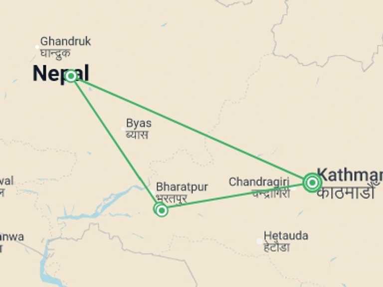 Map itinerary of Nepal Tour in February 2027 with 4 destination visits for the trip: Highlights of Nepal