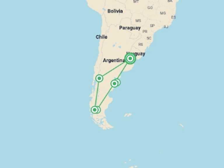 Map of a Glaciers Tour with 7 destination visits for the trip: Lakes, Glaciers and Bohemian Buenos Aires