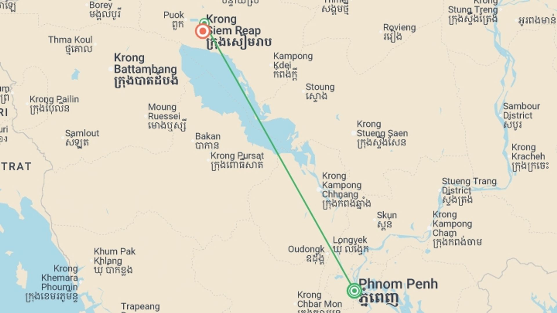 A map showing the tour itinerary for the trip: Classic Cambodia - 6 days, starting in Phnom Penh, Cambodia and ending in Siem Reap, Cambodia going through 1 other destinations.
