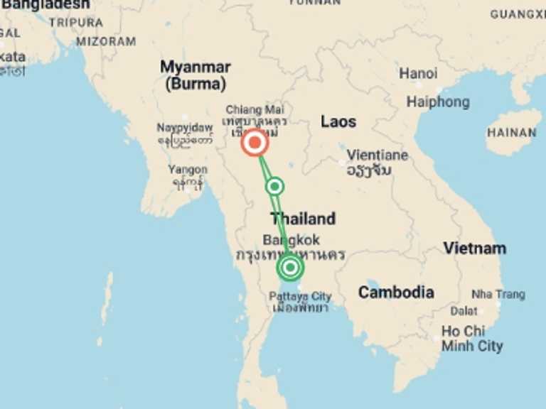 Map itinerary of Thailand Tour in November 2026 with 3 destination visits for the trip: Explore Northern Thailand