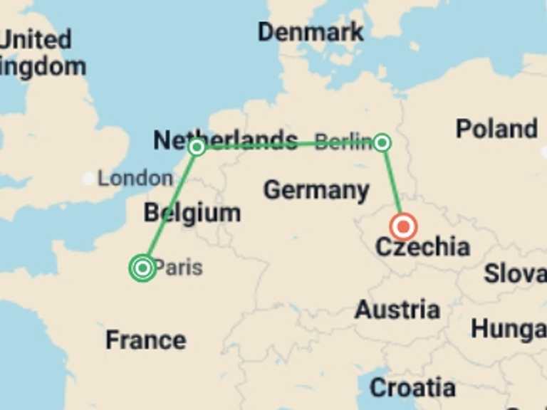 Map itinerary of Berlin Tour in Summer with 4 destination visits for the trip: Europe by Rail Paris to Prague