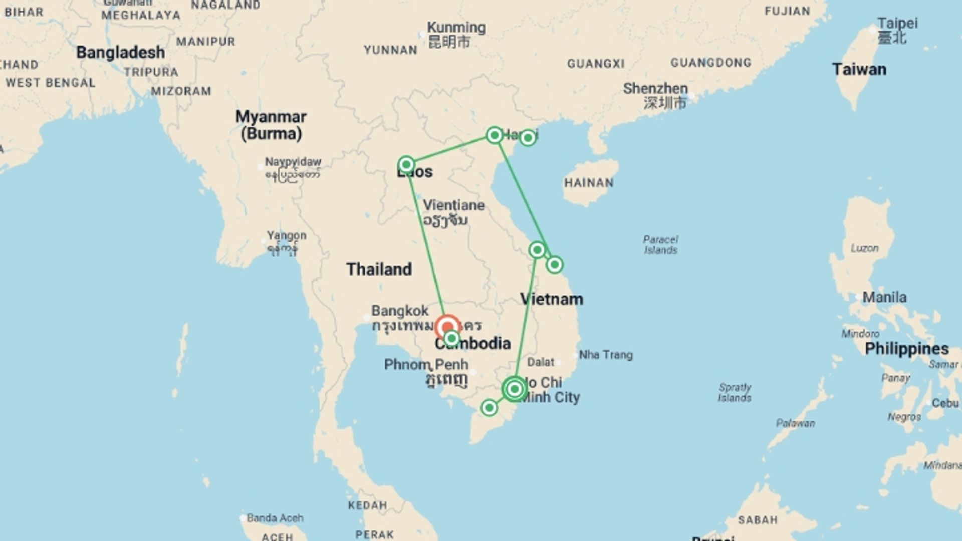 A map showing the tour itinerary for the trip: Treasures of Indochina - 15 days, starting in Ho Chi Minh City, Vietnam and ending in Siem Reap, Cambodia going through 6 other destinations.