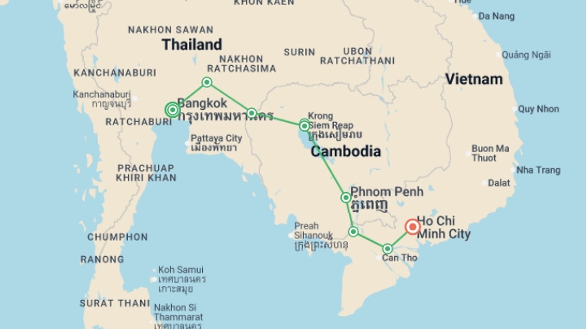 A map showing the tour itinerary for the trip: Bangkok to Saigon by Bike, starting in Bangkok, Thailand and ending in Ho Chi Minh City, Vietnam going through 6 other destinations.