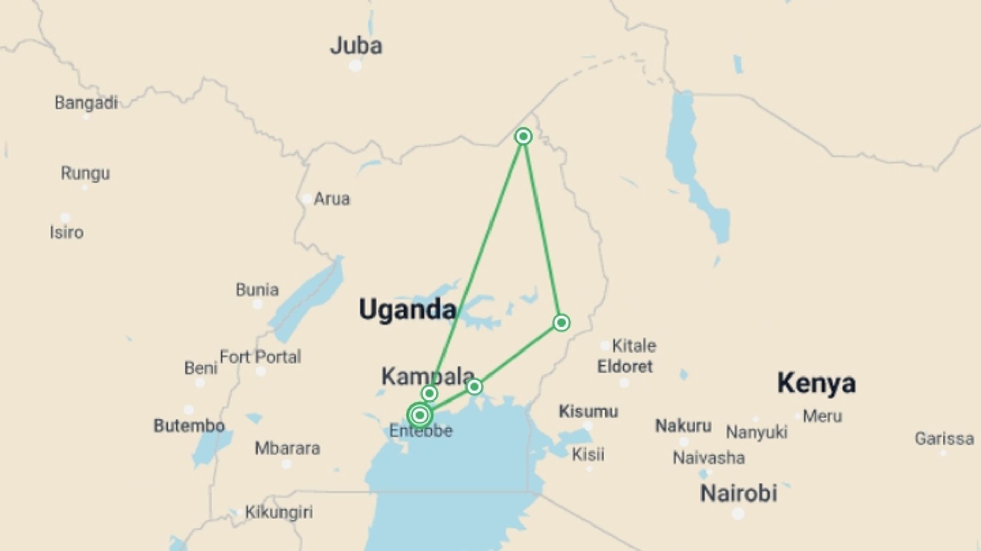 A map showing the tour itinerary for the trip: Best of Eastern Uganda Safari, starting in Entebbe, Uganda and ending in Entebbe, Uganda going through 4 other destinations.