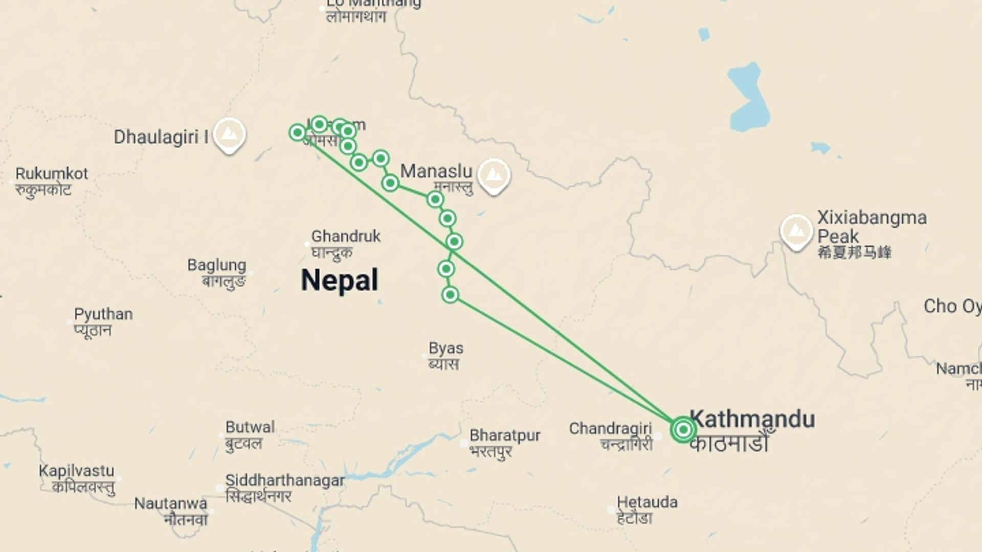 A map showing the tour itinerary for the trip: Annapurna Circuit via Kang La and Nar, starting in Kathmandu, Nepal and ending in Kathmandu, Nepal going through 12 other destinations.