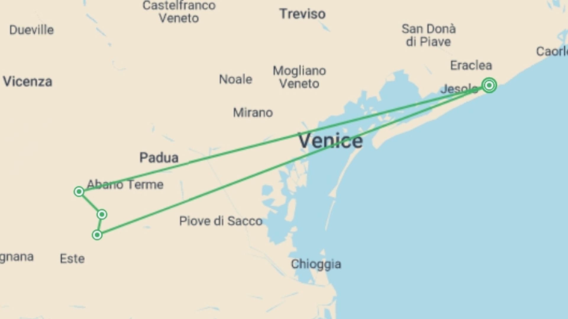 A map showing the tour itinerary for the trip: Walking in the Venetian Hills, starting in Cortela, Italy and ending in Cortela, Italy going through 5 other destinations.