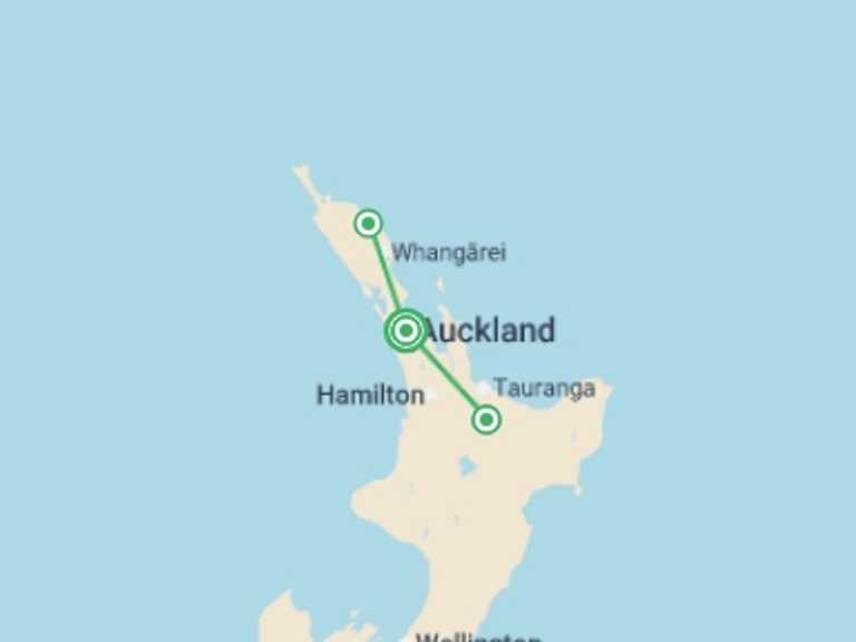 Map of New Zealand Tour with 3 destination visits for the trip: New Zealand: Sun and Steam