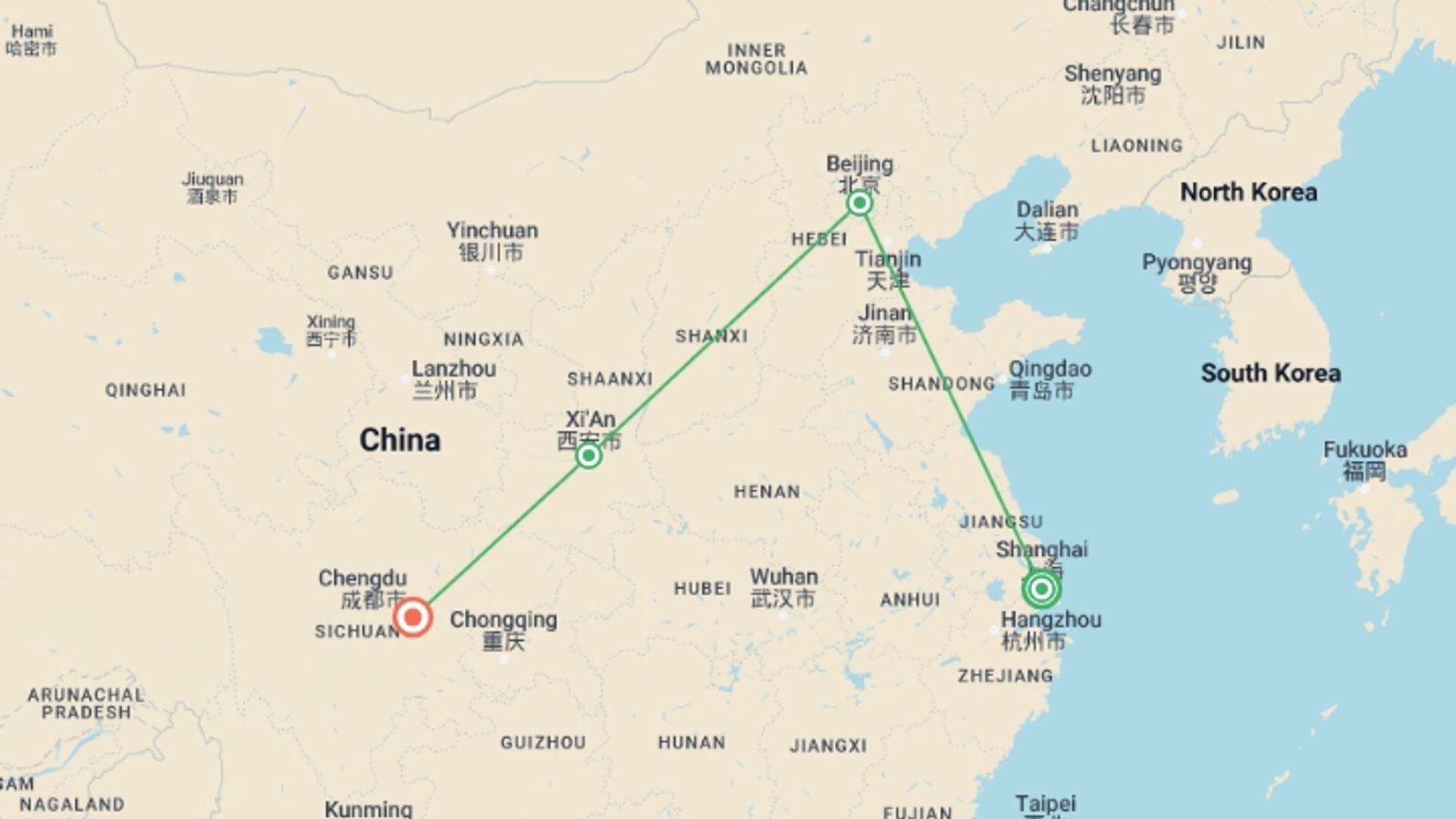 A map showing the tour itinerary for the trip: Chinese Cuisine and Culture, starting in Shanghai, China and ending in Chengdu, China going through 2 other destinations.