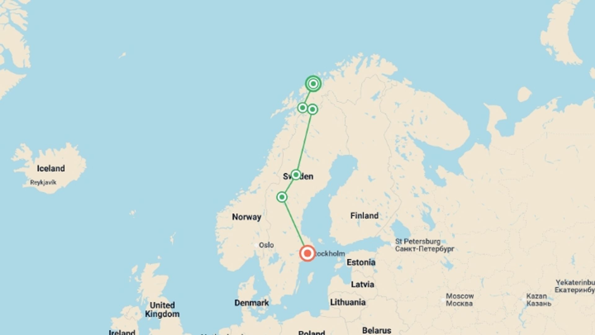 A map showing the tour itinerary for the trip: Northern Sweden by Rail, starting in Tromso, Norway and ending in Stockholm, Sweden going through 3 other destinations.
