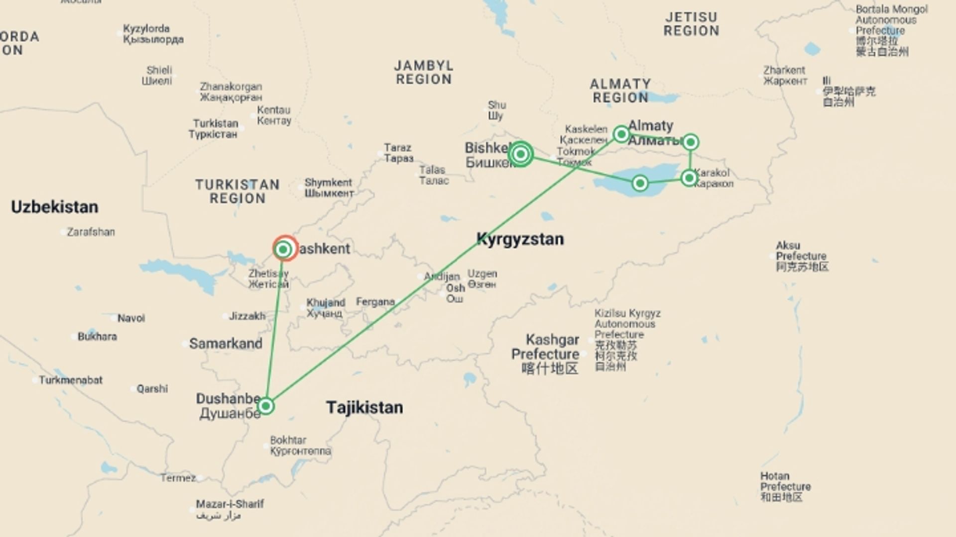 A map showing the tour itinerary for the trip: Journeys: Through the Heart of the Stans, starting in Bishkek, Kyrgyzstan and ending in Tashkent, Uzbekistan going through 5 other destinations.