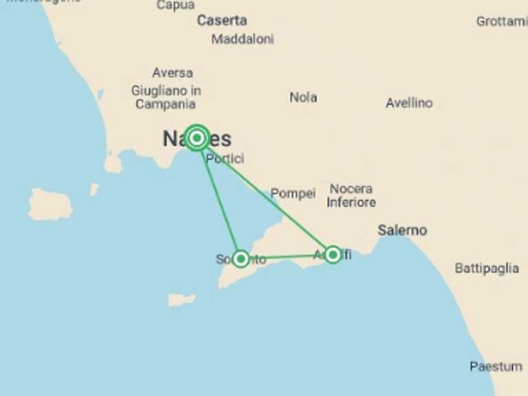 Map of Naples City sightseeing Tour with 3 destination visits for the trip: Exploring the Amalfi Coast