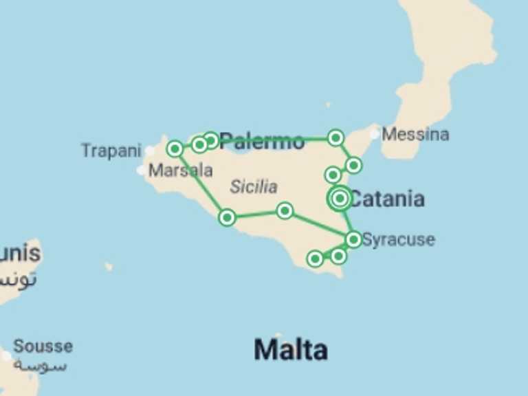 Map itinerary of Mediterranean Tour in August 2026 with 5 destination visits for the trip: Best of Sicily - 8 days