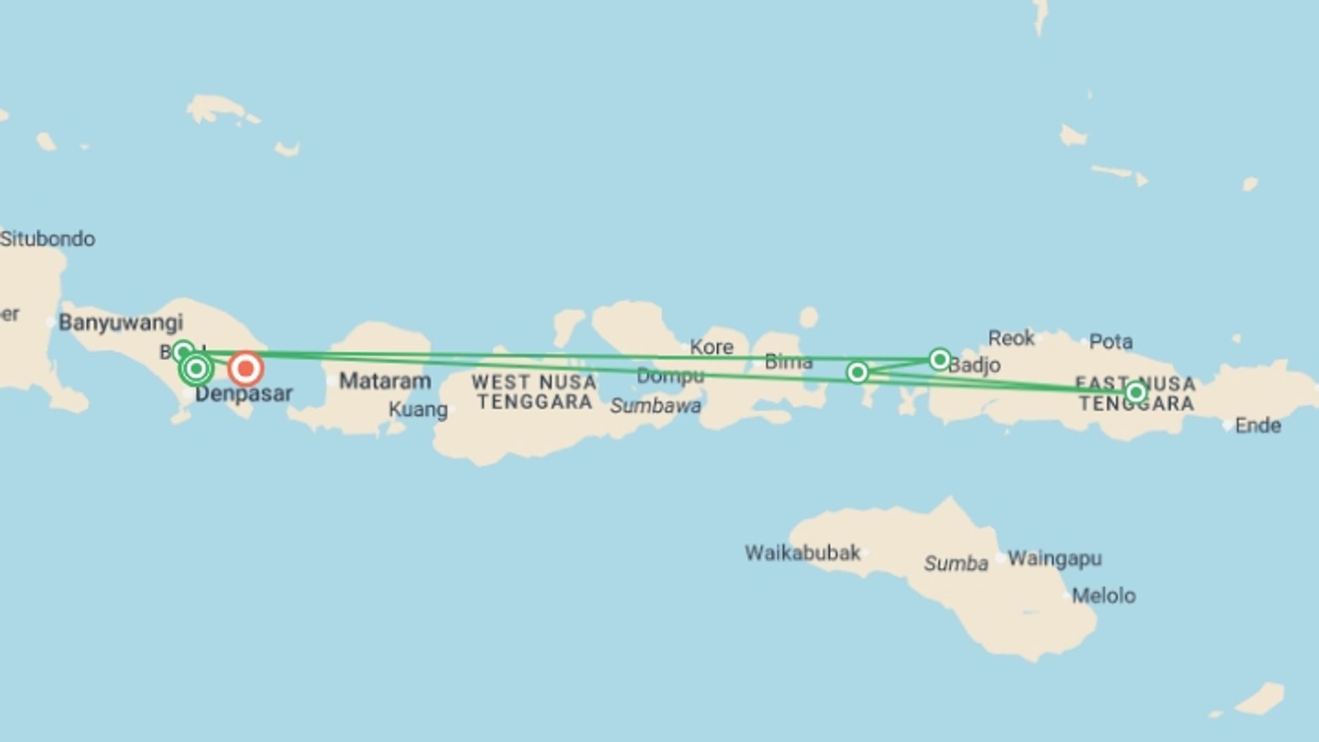 A map showing the tour itinerary for the trip: Signature Indonesia | The Sacred Wild Isles, starting in Ubud, Indonesia and ending in Candidasa, Indonesia going through 6 other destinations.