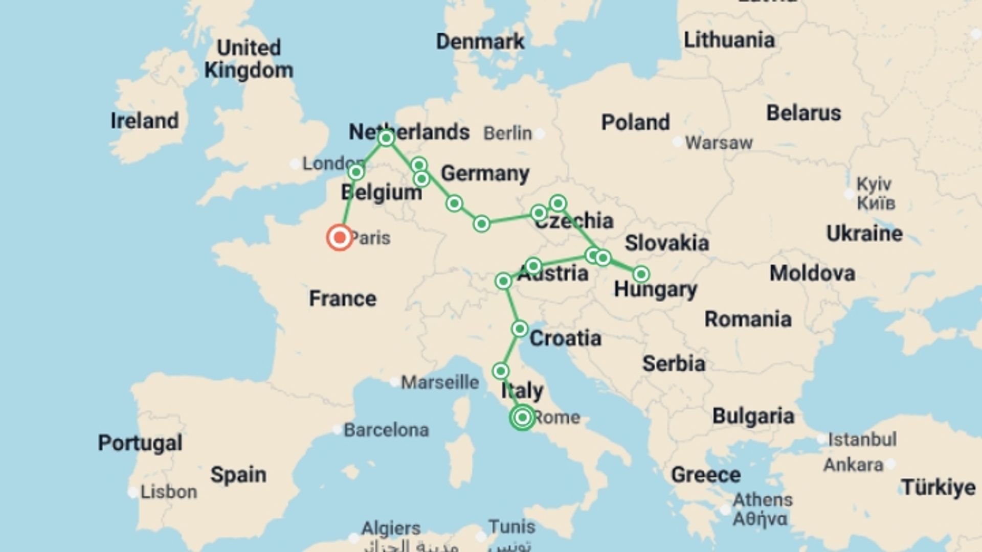 A map showing the tour itinerary for the trip: European Delight AR, starting in Rome, Italy and ending in Paris, France going through 8 other destinations.