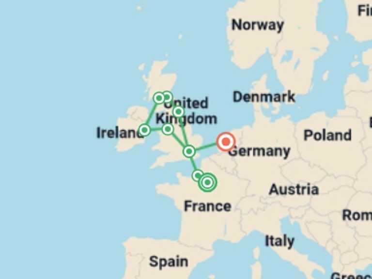 Map itinerary of Mediterranean Tour in September 2026 with 10 destination visits for the trip: Atlantic Ring