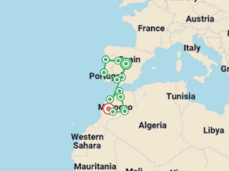 Map itinerary of Africa Tour in October 2026 with 14 destination visits for the trip: Spain, Portugal and Morocco Highlights