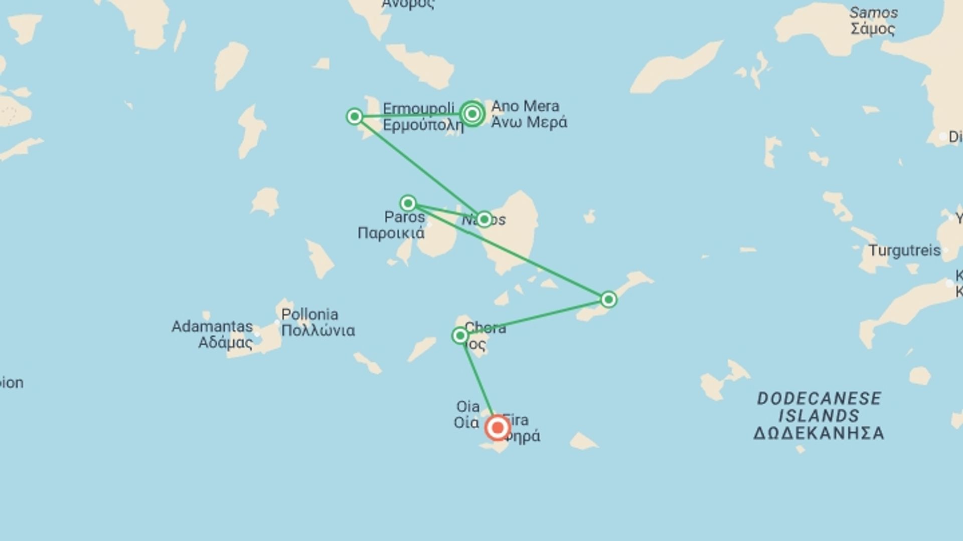 A map showing the tour itinerary for the trip: Sail Greece: Mykonos to Santorini, starting in Mykonos, Greece and ending in Santorini, Greece going through 5 other destinations.
