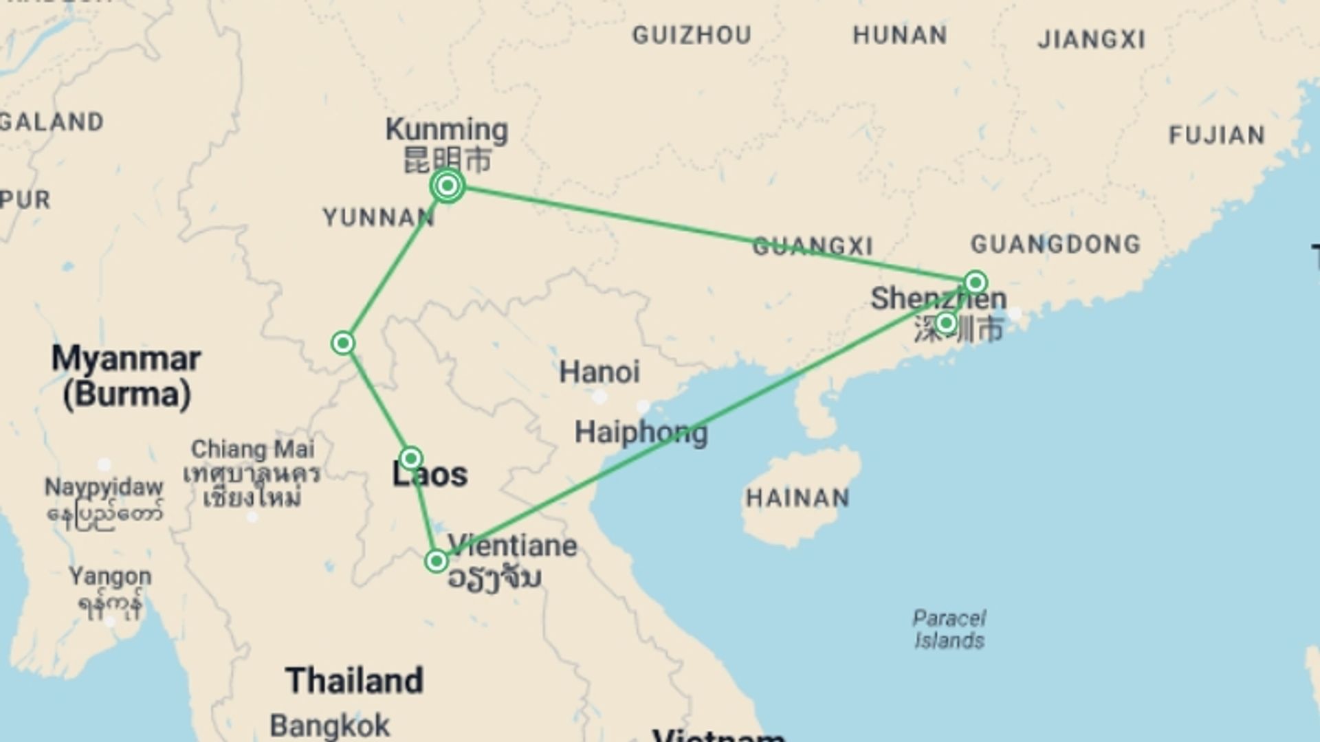 A map showing the tour itinerary for the trip: Cultural Gems And Vibrant Delights: A Trip To Yunan, Laos And Guangzhou Tour, starting in Kunming, China and ending in Kunming, China going through 4 other destinations.