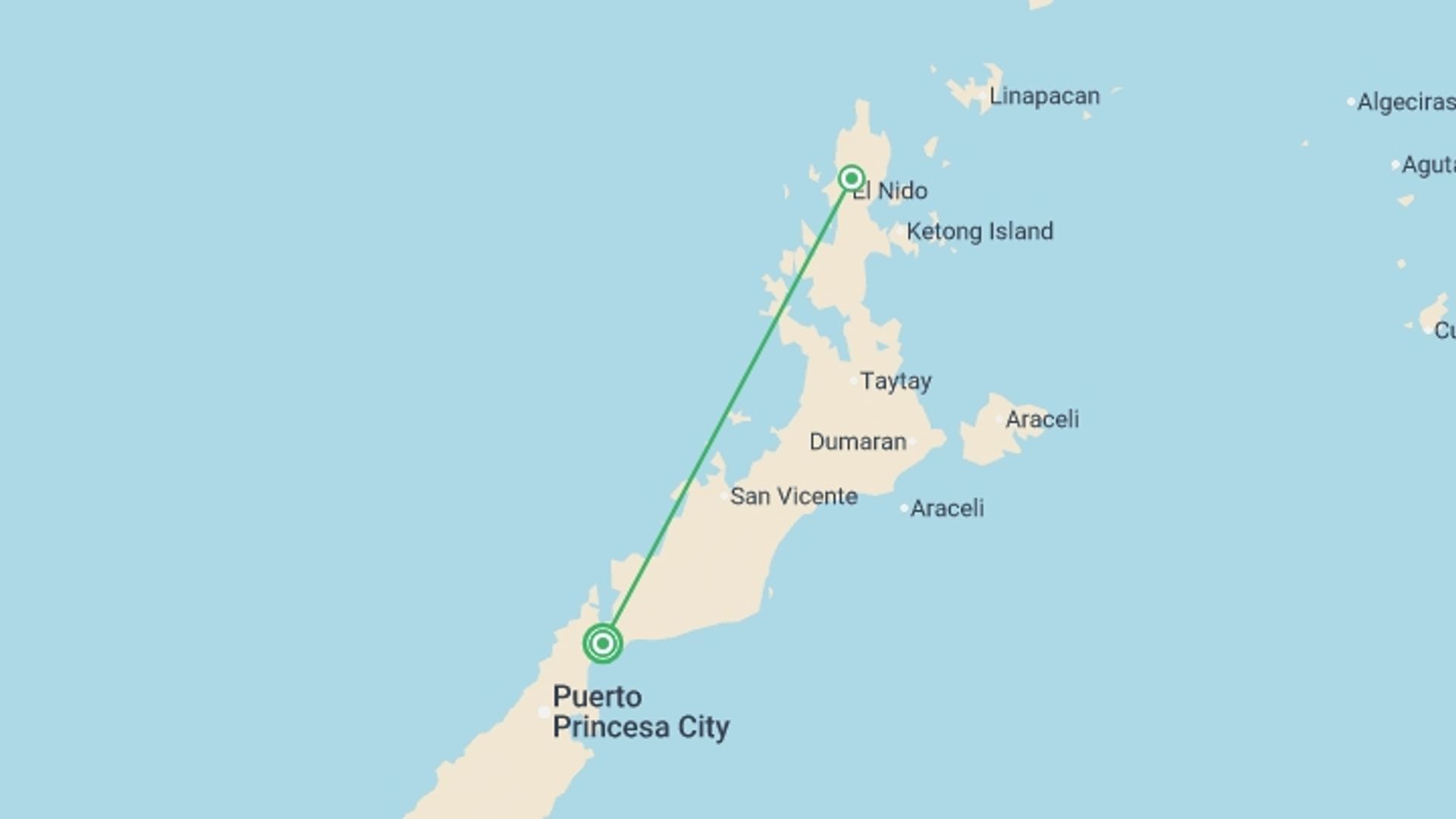 A map showing the tour itinerary for the trip: Palawan Getaway 5D/4N, starting in Puerto Princesa, Philippines and ending in Puerto Princesa, Philippines going through 1 other destinations.