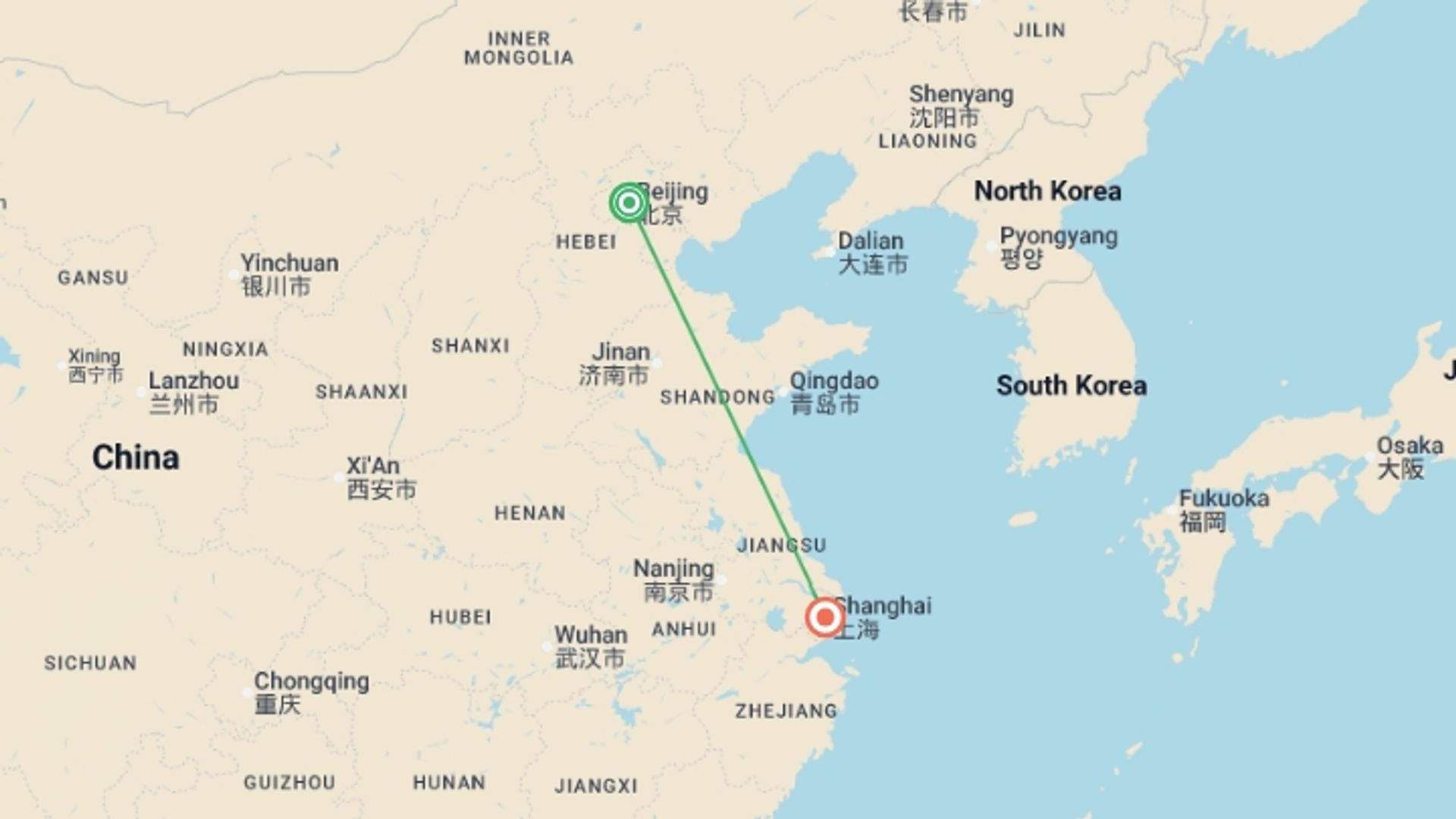 A map showing the tour itinerary for the trip: Classic China Highlights - 6 days, starting in Beijing, China and ending in Shanghai, China going through 0 other destinations.