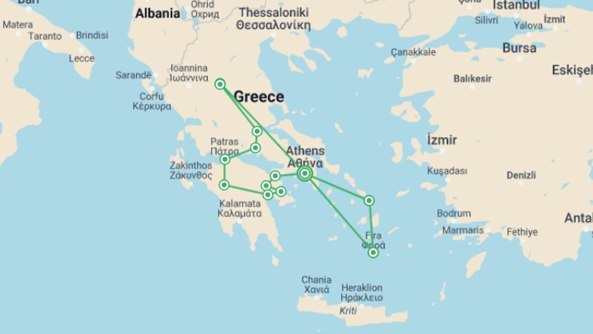 A map showing the tour itinerary for the trip: Best of Greece Luxury Tour, starting in Athens, Greece and ending in Athens, Greece going through 6 other destinations.