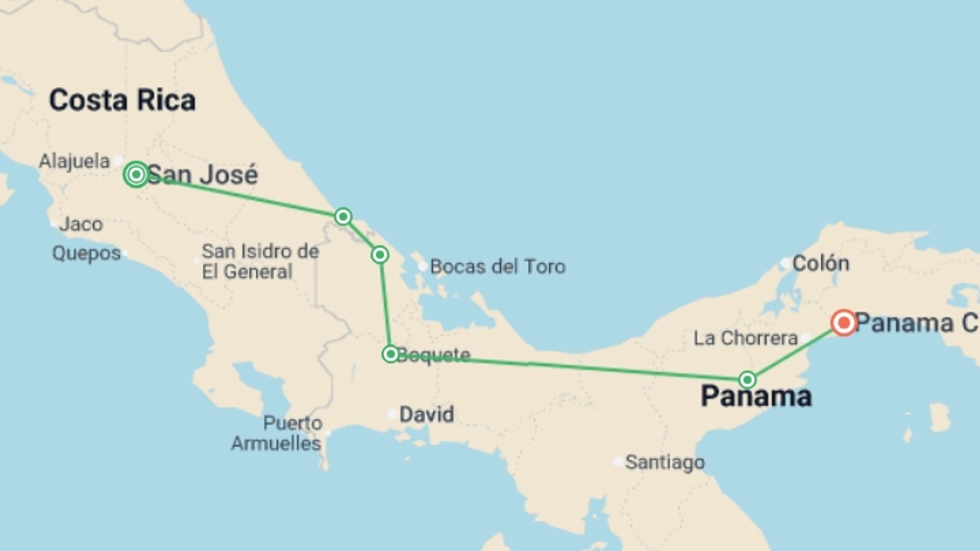 A map showing the tour itinerary for the trip: Costa Rica to Panama: Surf, Treks & Starry Skies, starting in San Jose, Costa Rica and ending in Panama City, Panama going through 4 other destinations.