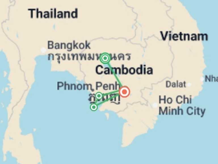 Map itinerary of South East Asia Tour in July 2026 with 5 destination visits for the trip: Heart of Cambodia
