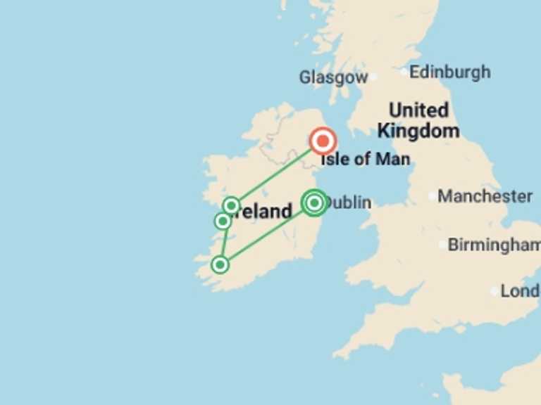 Map itinerary of Ireland Tour in June 2026 with 4 destination visits for the trip: Highlights of Ireland