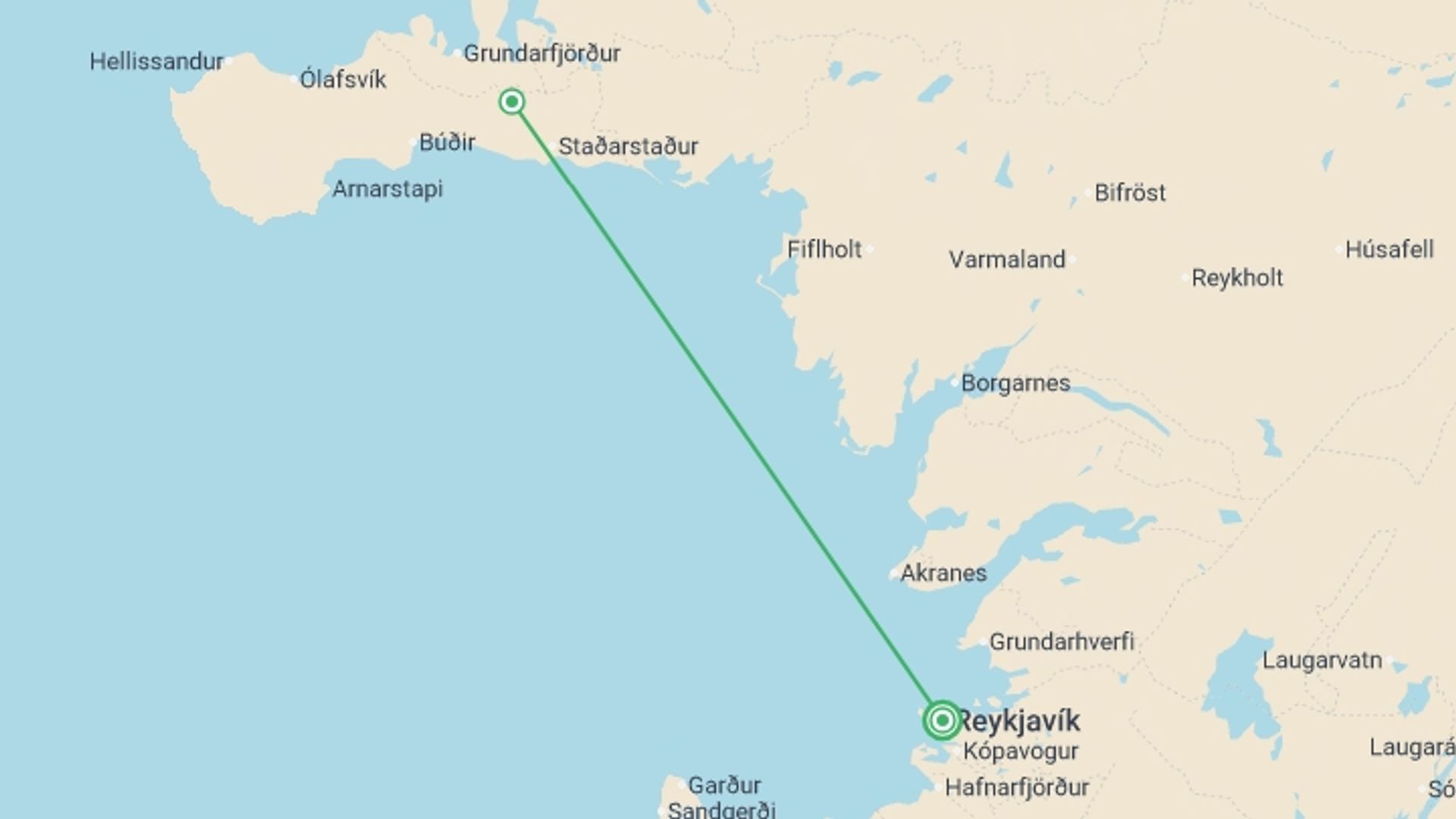 A map showing the tour itinerary for the trip: Iceland Northern Lights Experience 2D/1N, starting in Reykjavik, Iceland and ending in Reykjavik, Iceland going through 1 other destinations.
