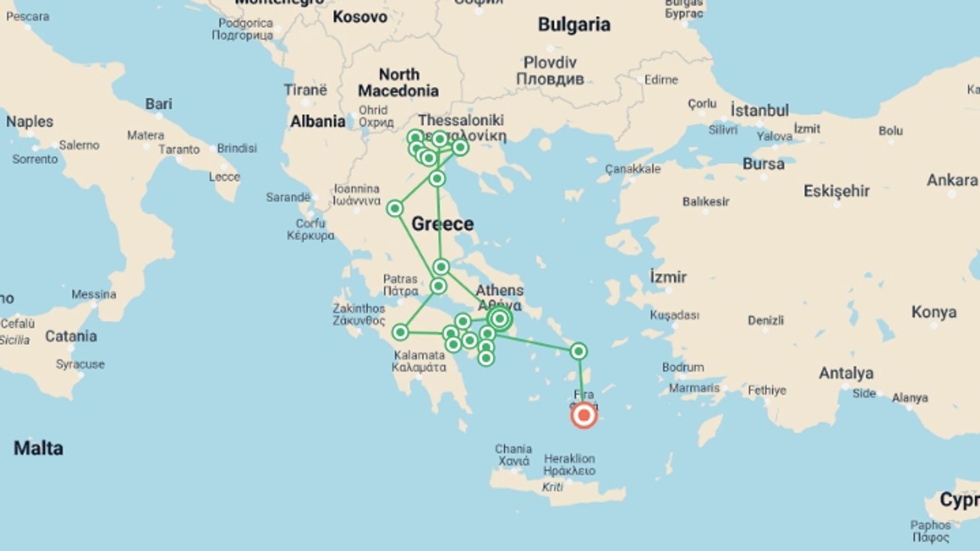 A map showing the tour itinerary for the trip: One Country - Numerous Cities And Islands, starting in Athens, Greece and ending in Santorini, Greece going through 6 other destinations.