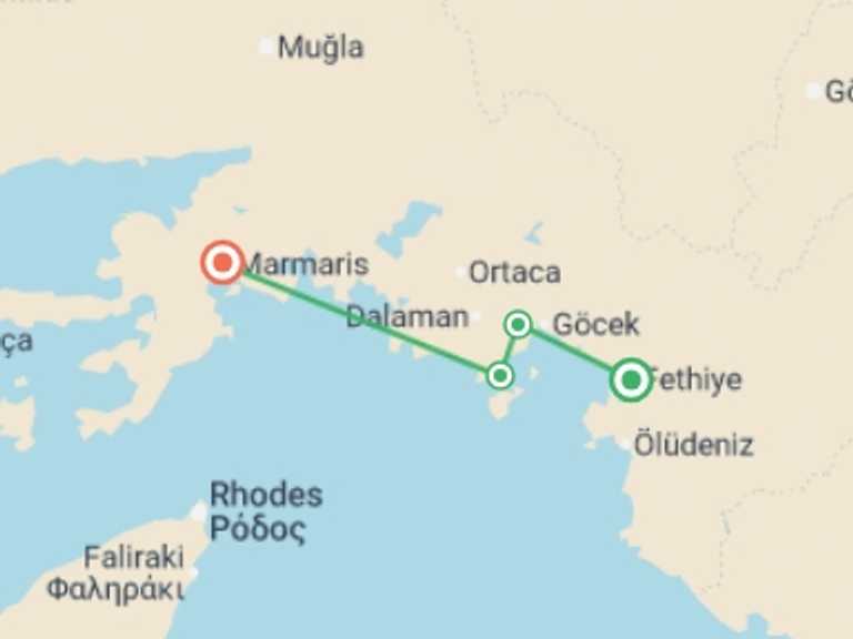 Map itinerary of Turkey Tour in September 2025 with 4 destination visits for the trip: Fethiye to Marmaris - 4 days