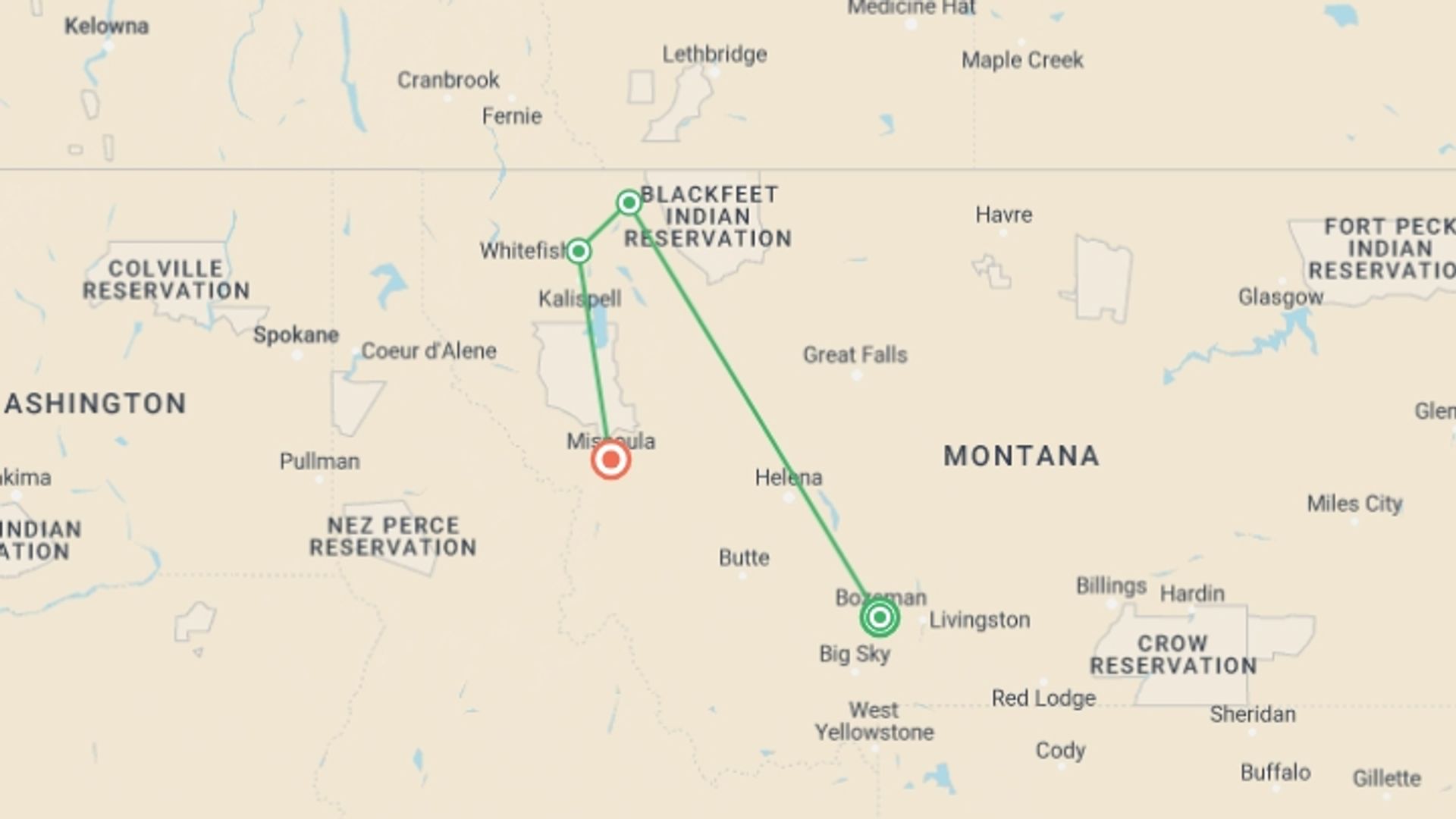 A map showing the tour itinerary for the trip: Best of Montana, starting in Bozeman, USA and ending in Missoula, USA going through 2 other destinations.