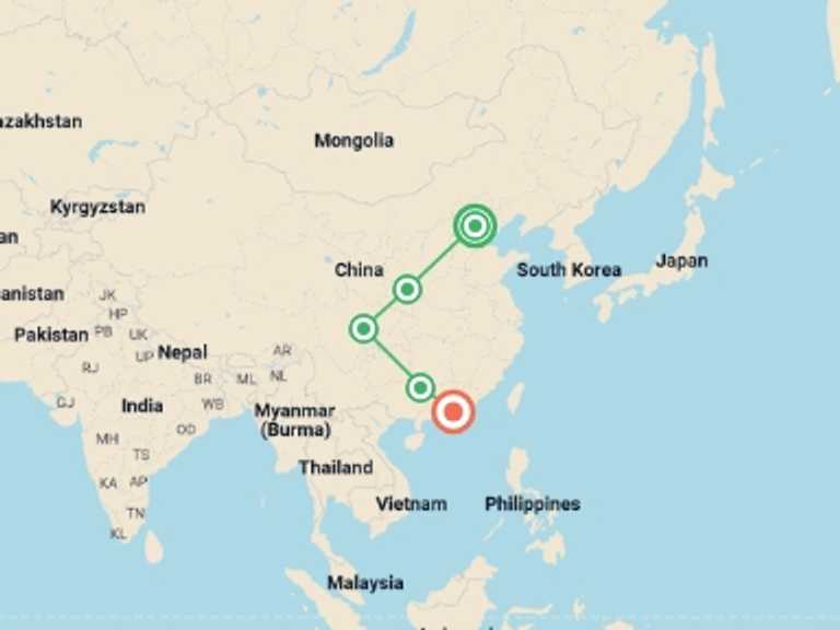Map itinerary of Yangshuo Tour in Spring with 7 destination visits for the trip: China Family Holiday