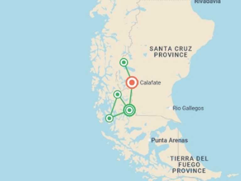 Map itinerary of Puerto Natales Tour in March 2027 with 5 destination visits for the trip: Patagonia: Turquoise Lakes & Torres del Paine