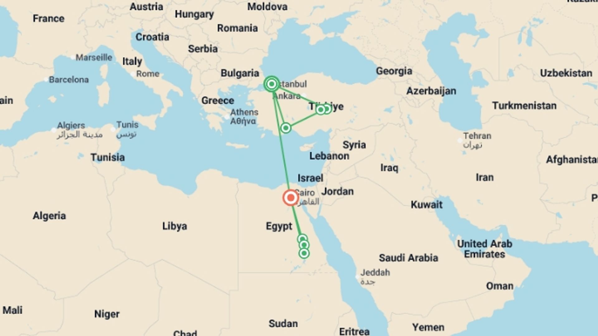 A map showing the tour itinerary for the trip: Magical Türkiye and Egypt, starting in Istanbul, Turkey and ending in Cairo, Egypt going through 6 other destinations.