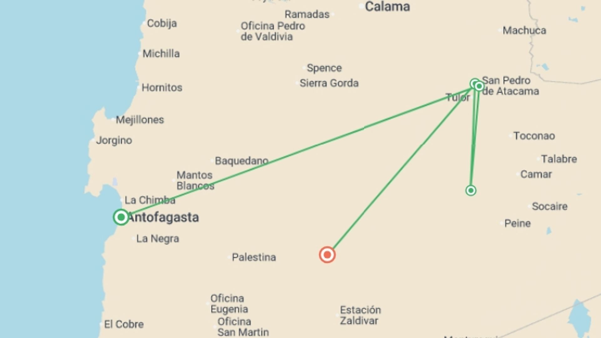 A map showing the tour itinerary for the trip: 5-Day Trip Best of San Pedro de Atacama, starting in undefined, Chile and ending in Atacama Desert, Chile going through 1 other destinations.