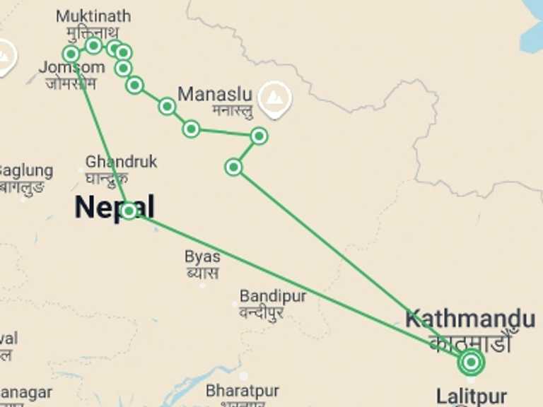 Map of Pokhara Trekking and Hiking Tour with 12 destination visits for the trip: Annapurna Circuit Trek