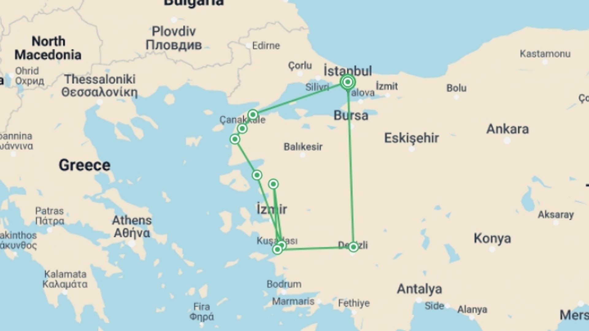 A map showing the tour itinerary for the trip: Anzac Day Tour- 8 Days, starting in Istanbul, Turkey and ending in Istanbul, Turkey going through 5 other destinations.