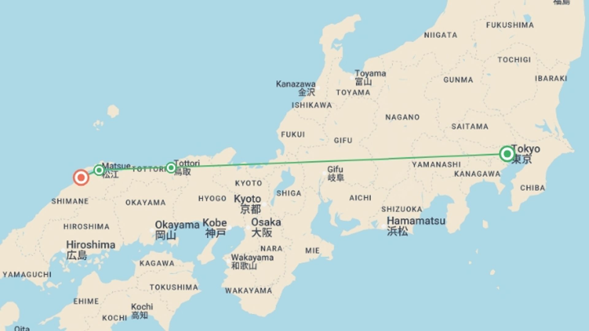 A map showing the tour itinerary for the trip: Coastal Japan: San-in Explorer, starting in Tokyo, Japan and ending in Izumo, Japan going through 2 other destinations.