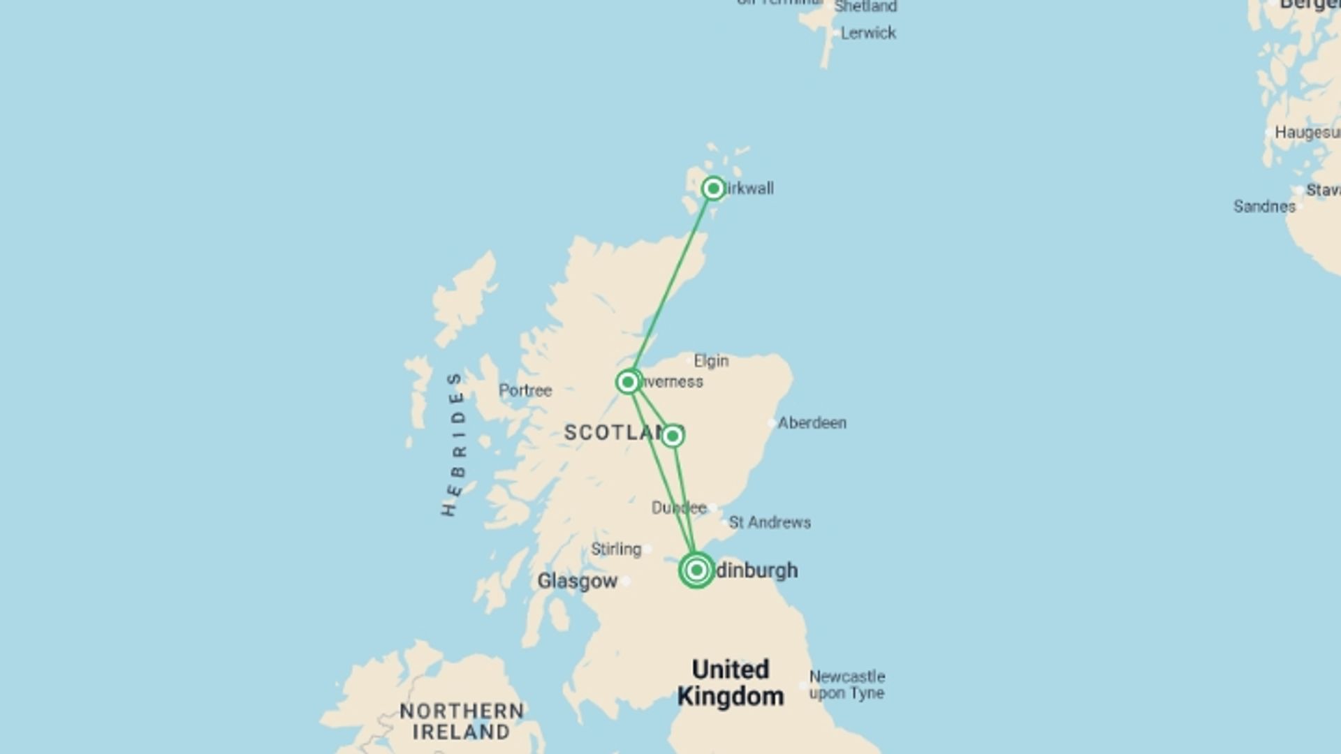 A map showing the tour itinerary for the trip: Edinburgh to Orkney - 5 days, starting in Edinburgh, Scotland and ending in Edinburgh, Scotland going through 2 other destinations.
