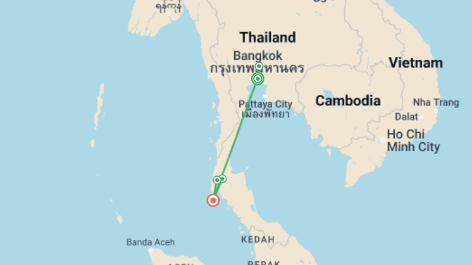 A map showing the tour itinerary for the trip: Thailand Impressions 10 Days - Khao Sok National Park, starting in Bangkok, Thailand and ending in Phuket, Thailand going through 3 other destinations.