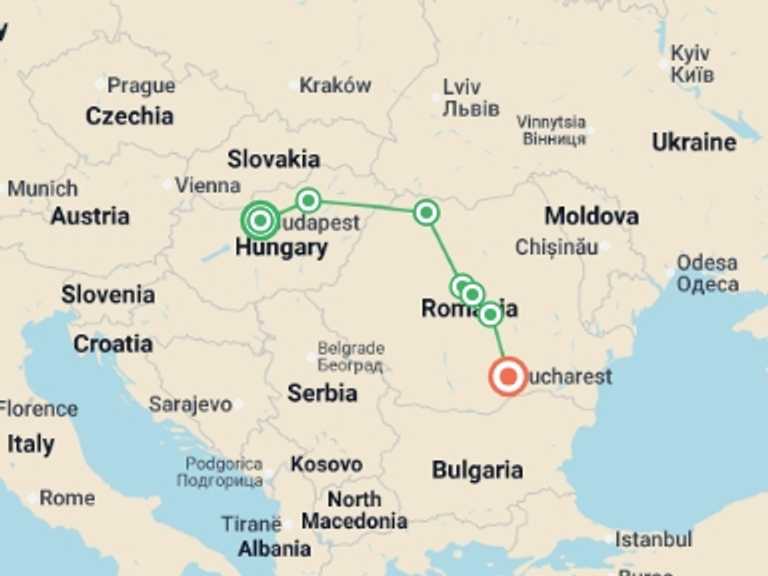 Map of Eastern Europe Museum and gallery visits Tour with 7 destination visits for the trip: Budapest to Bucharest