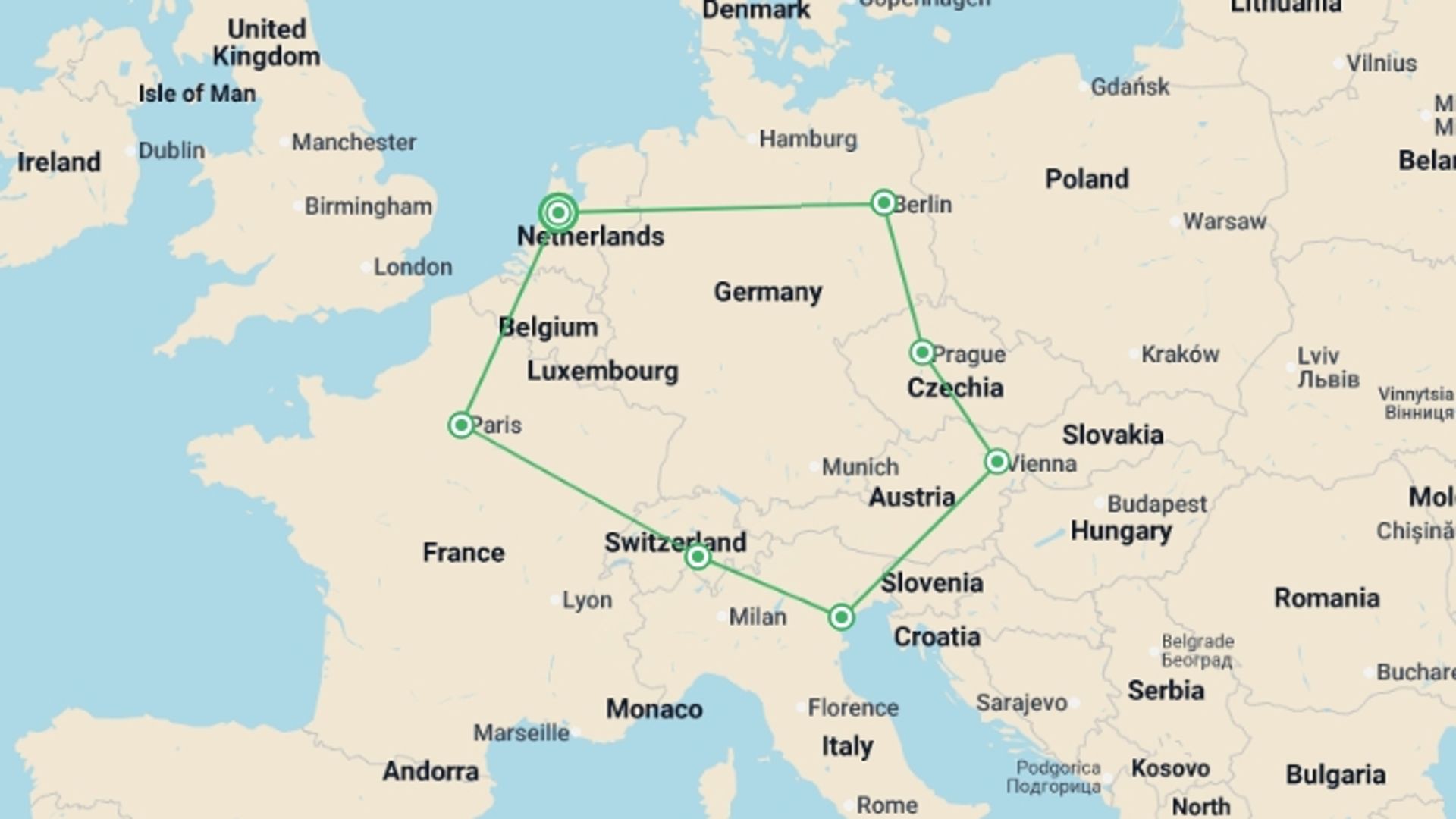A map showing the tour itinerary for the trip: Get Social: Europe Express, starting in Amsterdam, Holland and ending in Amsterdam, Holland going through 6 other destinations.