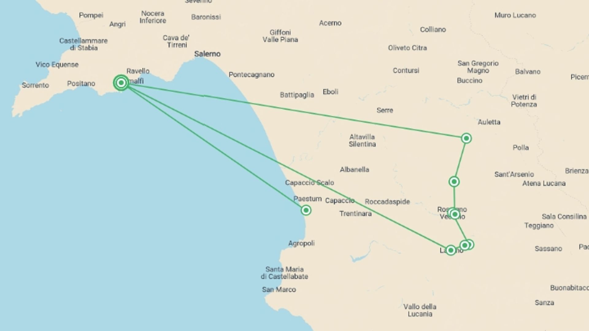 A map showing the tour itinerary for the trip: The Heart of the Cilento National Park, starting in Amalfi Coast & Campania, Italy and ending in Amalfi Coast & Campania, Italy going through 4 other destinations.