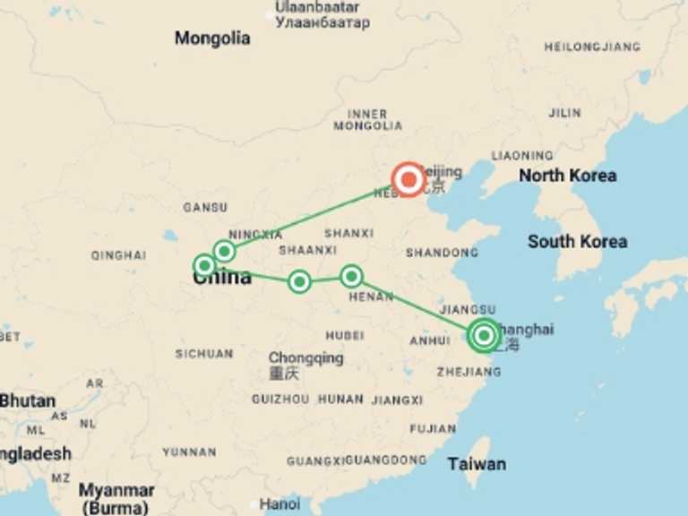 Map itinerary of East Asia Tour in Summer with 6 destination visits for the trip: Explore China