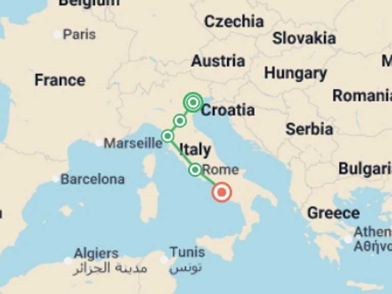 Map itinerary of Italy Tour in June 2026 with 8 destination visits for the trip: Venice to Rome by Rail + Sorrento and the Amalfi Coast